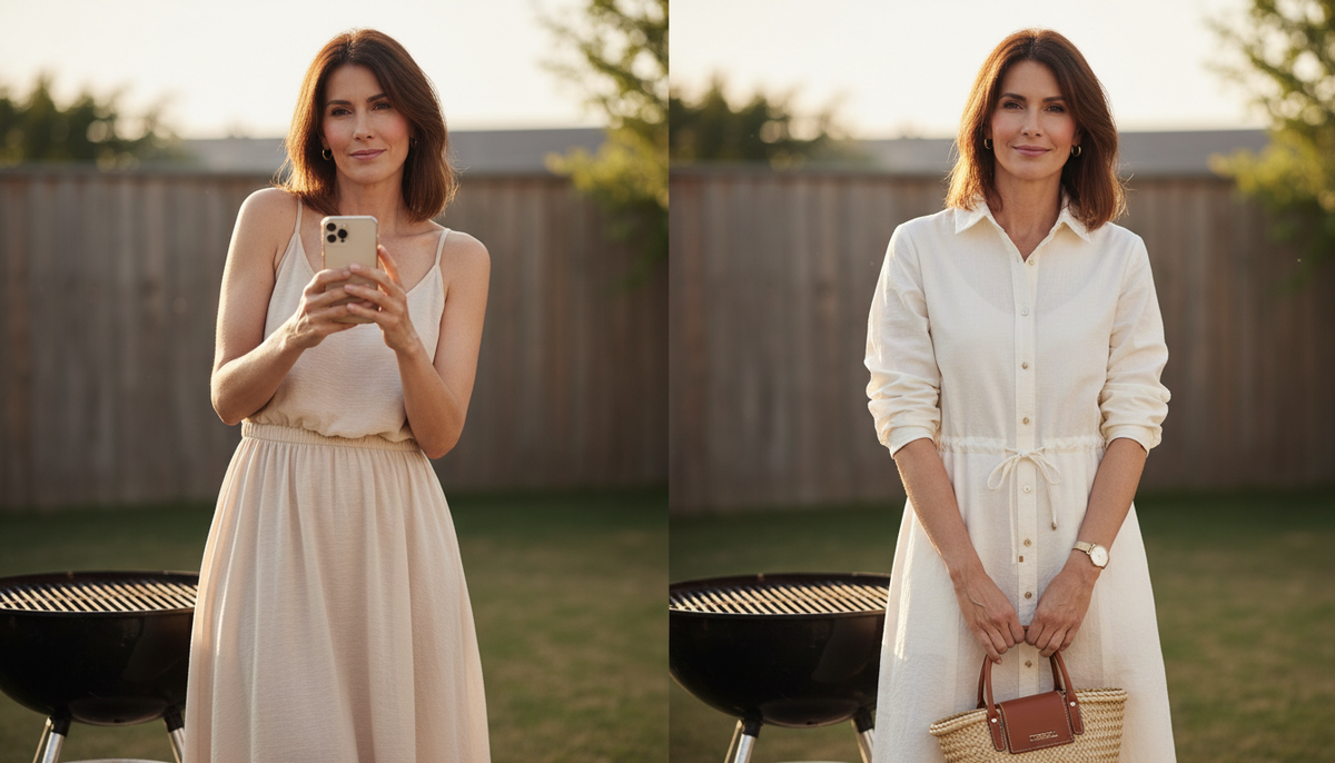 Сравнение: платье с резинкой подчёркивает живот, а модель с вертикальной планкой и мягкой талией визуально стройнит