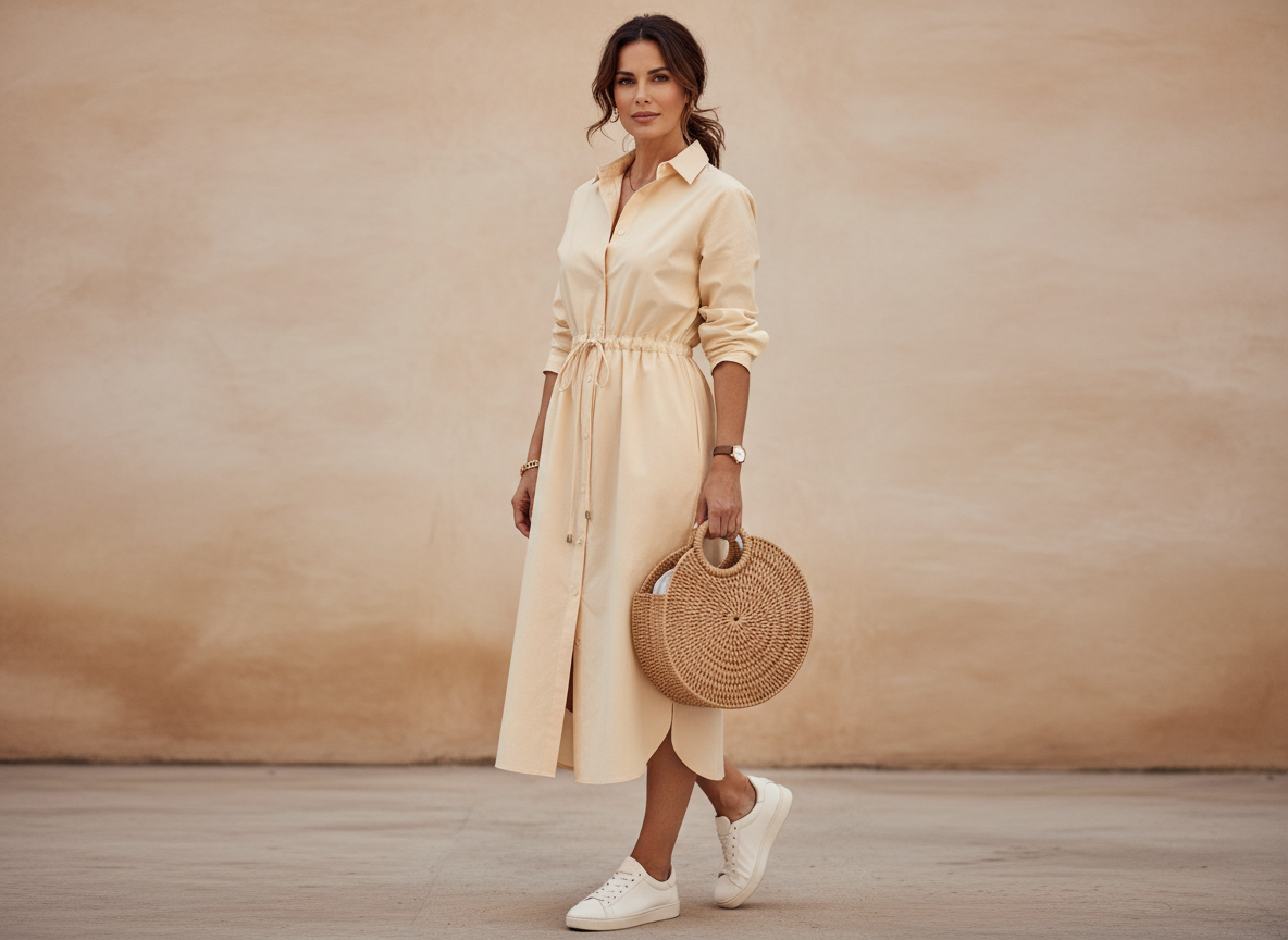 Платье-рубашка с пуговицами по центру и мягкой кулиской: вертикаль вытягивает силуэт и отвлекает от зоны живота