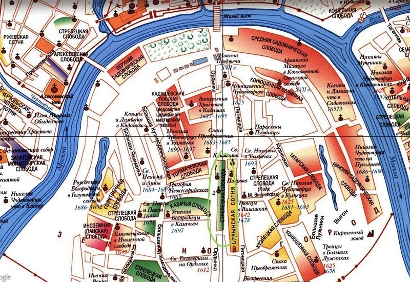 Карта замоскворецкий слобод 17 века. Земли стрелецкой слободы обвел зелёным.