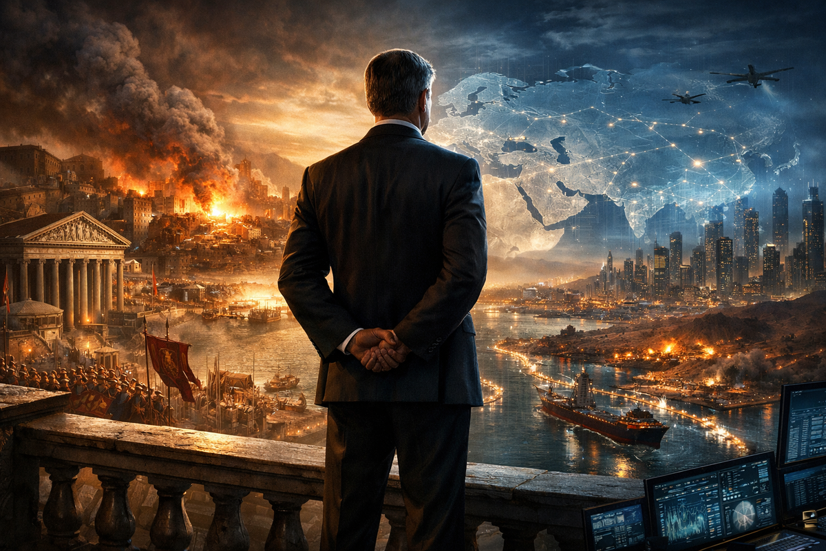 Большая многослойная композиция. На переднем плане — величественная фигура современного западного стратега в тёмном костюме, стоящего как римский государственный муж на высокой террасе. За ним в едином световом переходе соединяются два мира: слева — древний Рим, легионы, мрамор, сенат, пылающий Карфаген и римские штандарты; справа — современный мир с картой Евразии, нефтяными маршрутами, контейнерными судами, небоскрёбами, военными дронами, экранами данных и светящимися морскими проливами. Вдали — тревожный горизонт Ближнего Востока и Азии. Вся композиция о борьбе за роль единственного организатора мира.