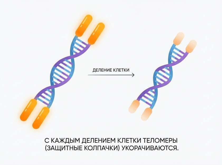  С каждым делением клетки теломеры (защитные колпачки) укорачиваются
