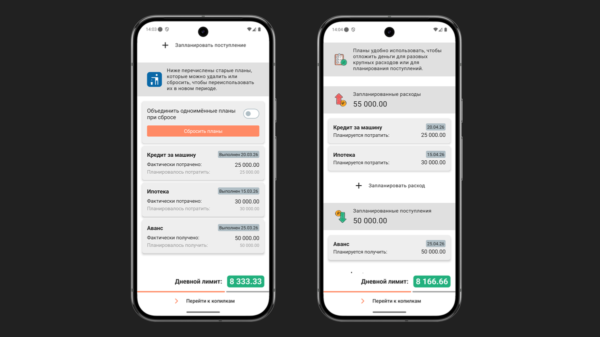 Скриншоты экрана планирования