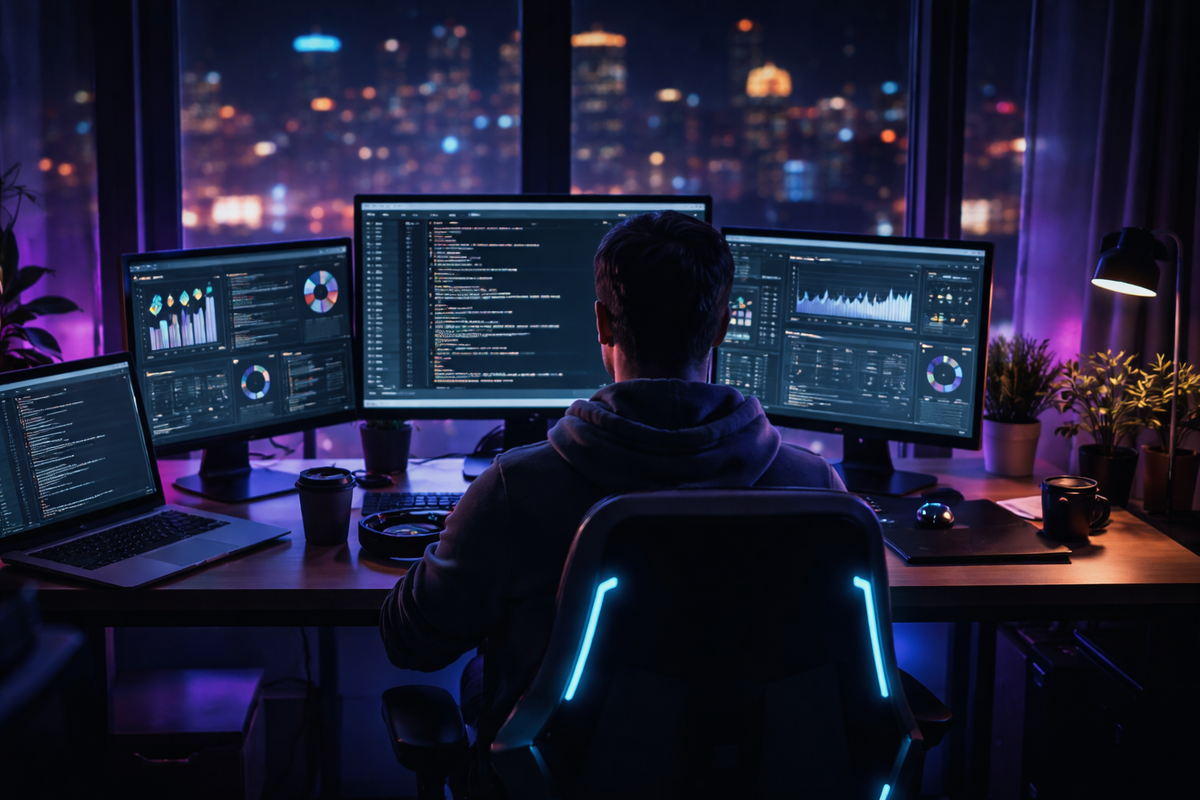 Сколько зарабатывает IT специалист в 2026 году: визуал с программистом и графиками дохода.