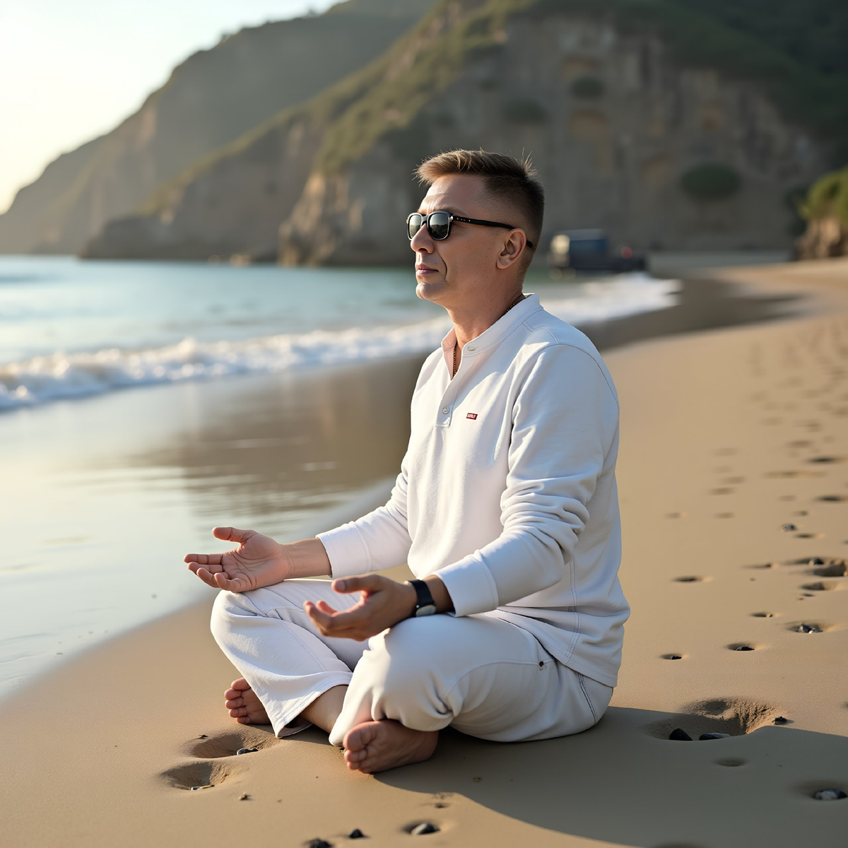 Психолог медитирует на берегу моря