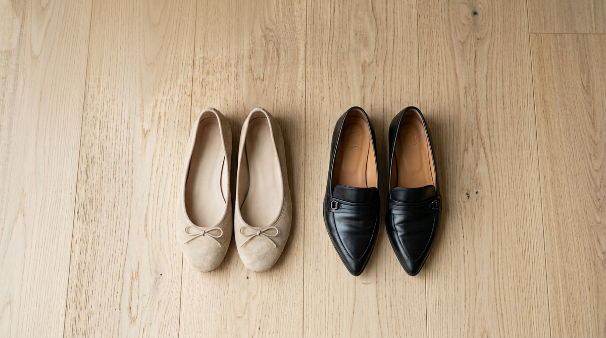 Балетки с круглым носком и плоской подошвой рядом с лоферами: разница в пропорциях видна сразу