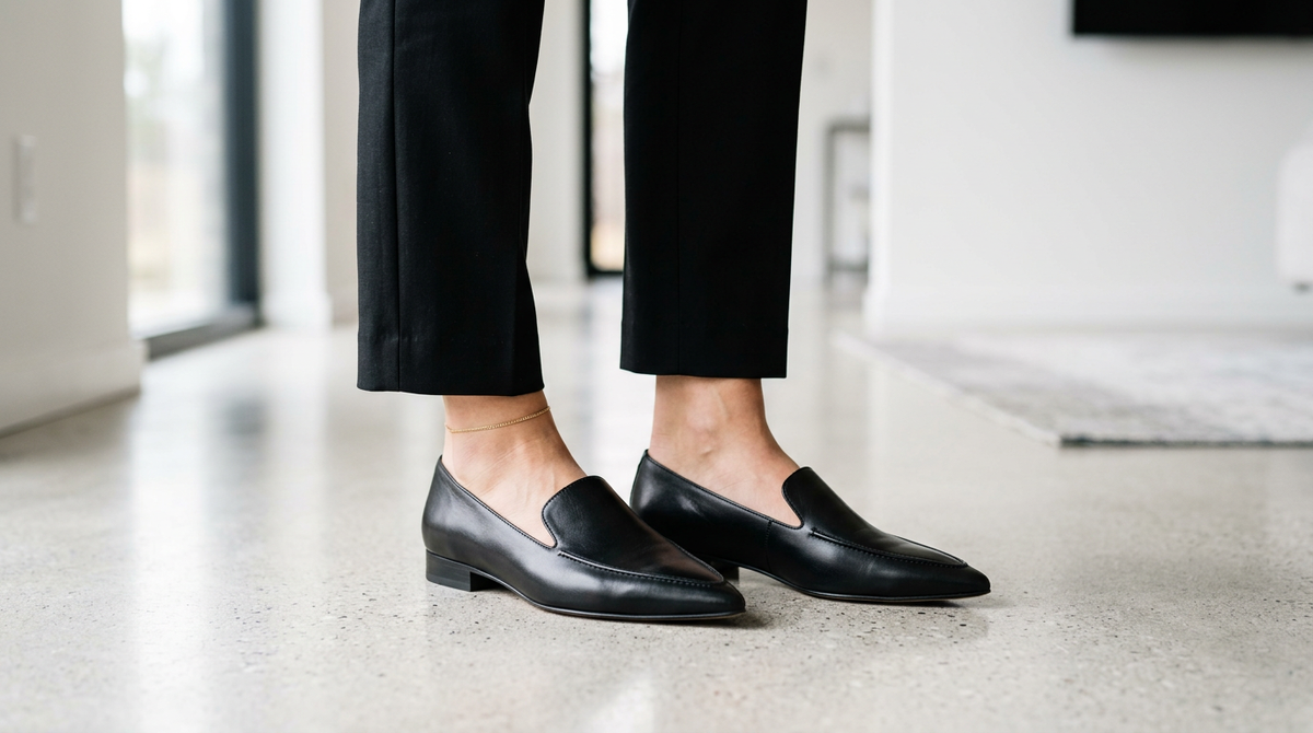 Лоферы с удлинённым носком и подошвой около 2,5 см создают вертикаль вместо горизонтали