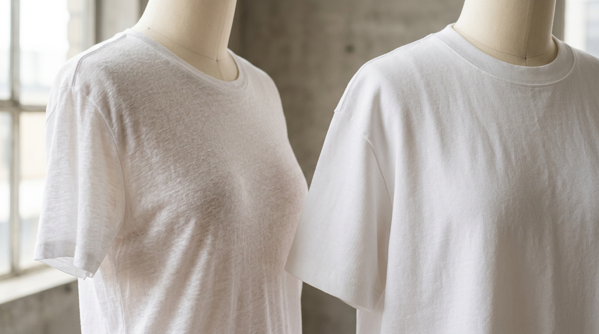 Разница плотности белой ткани: тонкая просвечивает, плотная от 180 г/м² держит форму и скрывает бельё