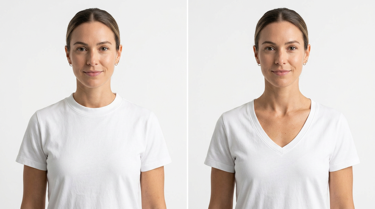 V-образная горловина на белой футболке визуально вытягивает шею и создаёт вертикаль в образе