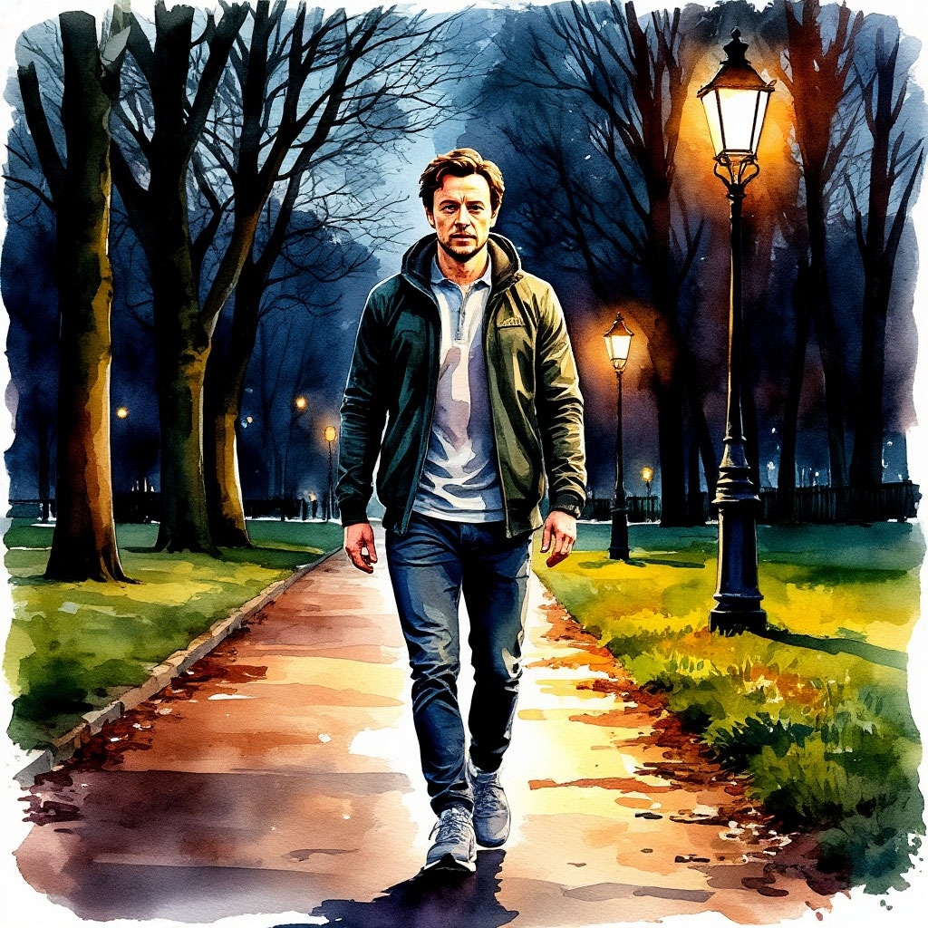 Он шёл по мало освещённой алее парка