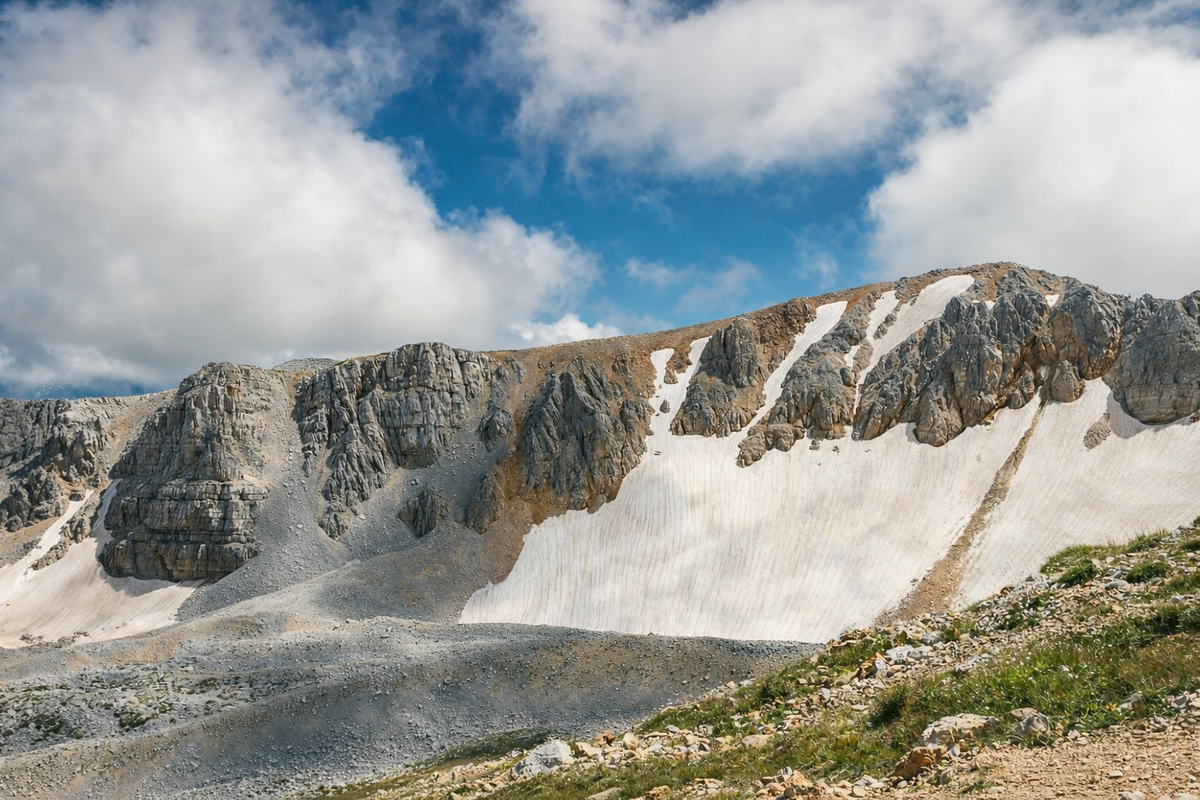 Горный ледник на пути к вершине горы Оштен