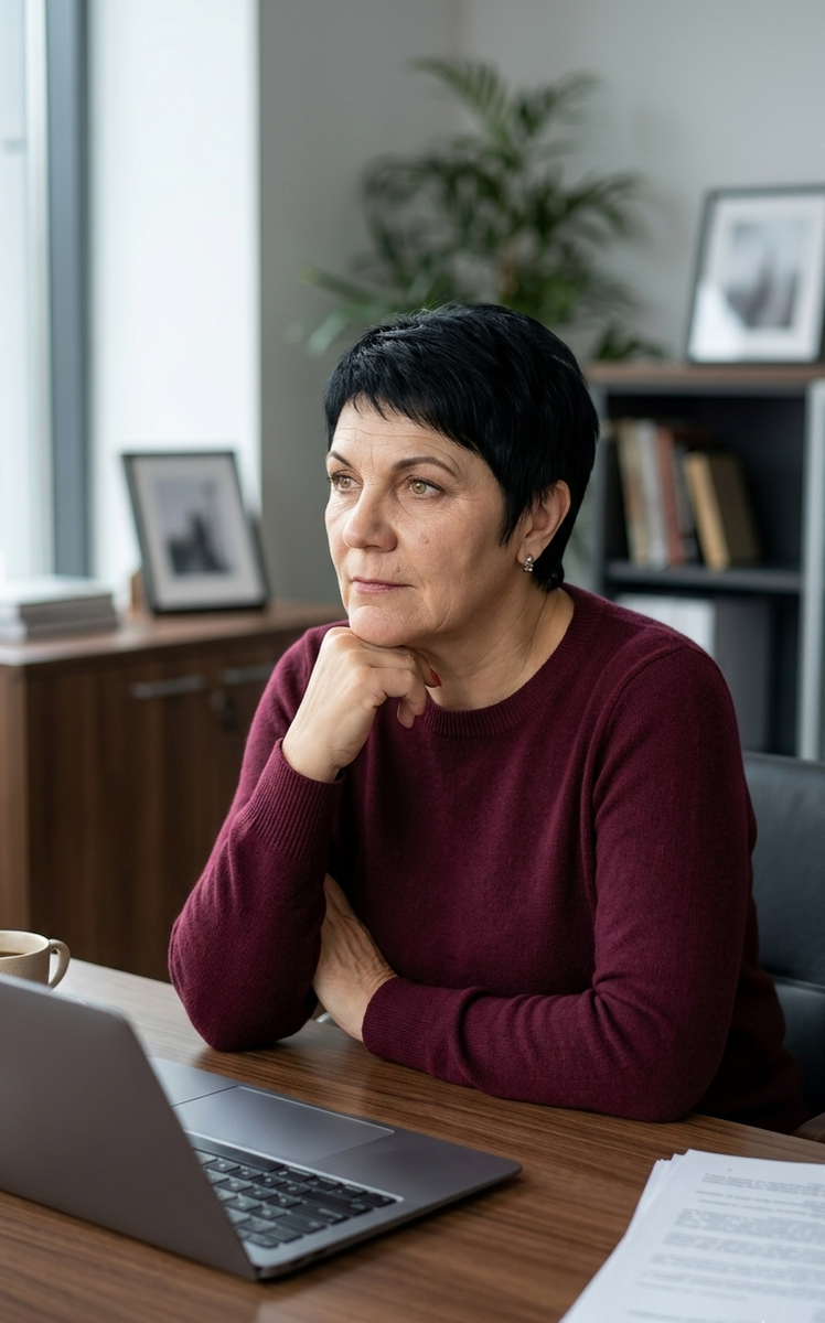 генерация по промпту -Фотореалистичный портрет женщины с короткой темной стрижкой (как на фото), без очков. Она сидит за современным рабочим столом с ноутбуком, подперев подбородок рукой, взгляд задумчивый, направлен в сторону. На ней стильный джемпер глубокого бордового цвета. Мягкое офисное освещение, на заднем плане размытый интерьер кабинета. Высокое разрешение, естественная текстура кожи, 4k.
