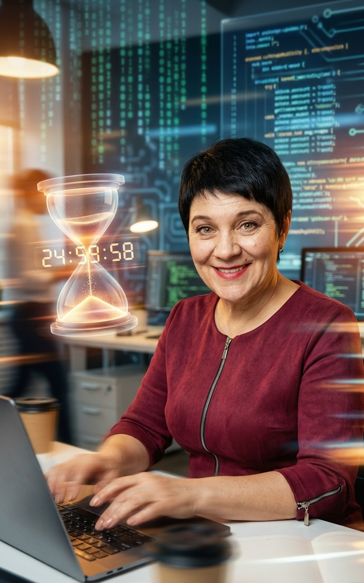 Генерация по промпту: Энергичное фото женщины с короткой стрижкой (как на фото), без очков, в бордовой одежде. Она сидит за ноутбуком, её руки в движении, создавая легкий эффект шлейфа (размытие движения). Рядом с ней парят полупрозрачные светящиеся песочные часы или цифровой таймер. Атмосфера высокой продуктивности, технологичный фон с элементами кода, теплый свет. сохрани черты лица как есть на фотографии