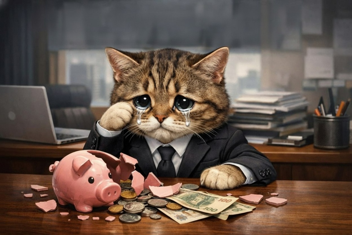 Котик предприниматель горько плачет, потому, что у него кончаются денежки. И он не понимает, что же не так в его бизнесе.