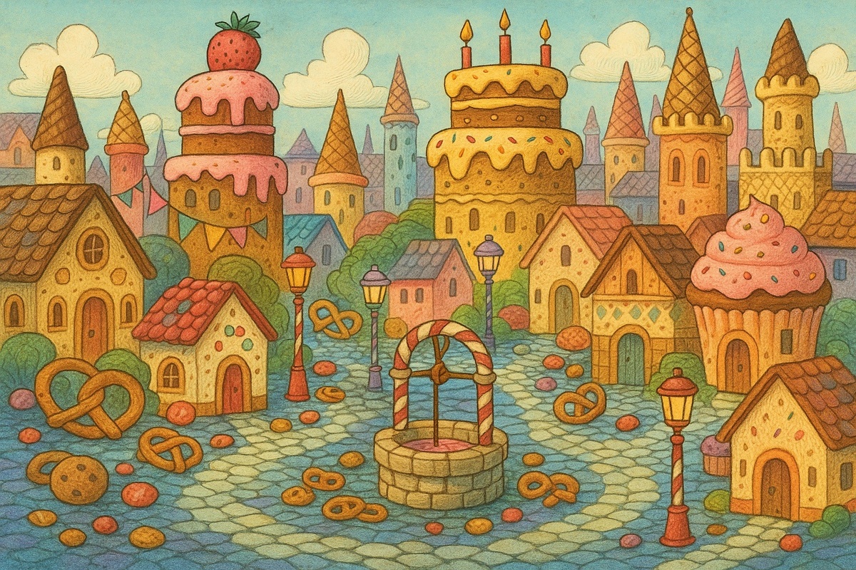 Колодец с шоколадом, мармеладные и пряничные домики, дорожки их хрустящих вафель