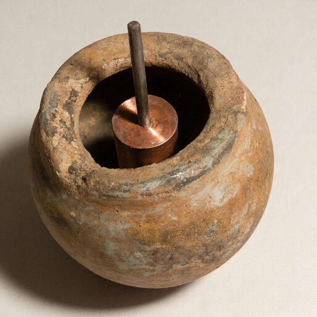 Багдадская батарейка, Национальный музей Ирака. Глиняный сосуд, медный цилиндр, железный стержень. Датируется 250 годом до н.э. — 250 годом н.э. Фото: музейная коллекция.