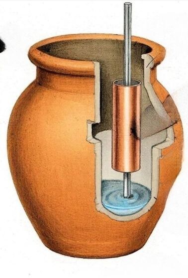 Устройство батарейки: глиняный корпус, медный катод, железный анод. При заливке кислотного электролита возникает разность потенциалов до 1 вольта.