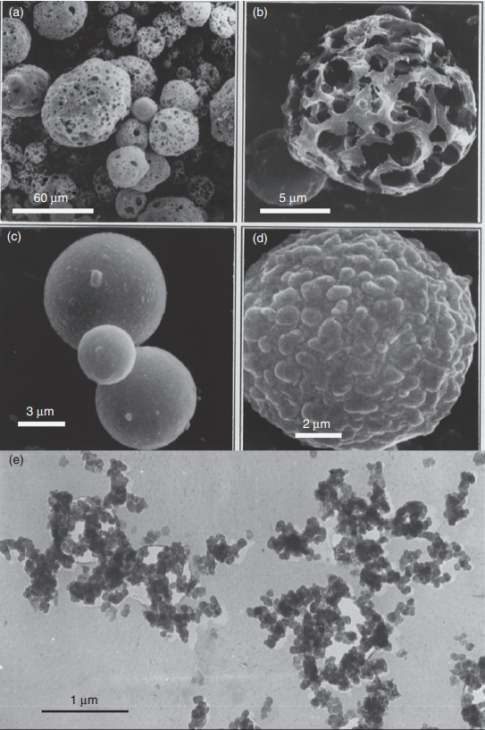 Микрофотографии промышленных аэрозолей. Так выглядят продукты горения различных видов топлива под электронным микроскопом: (a, b) мазут; (c) уголь; (d) дистиллятное топливо; (e) частицы дизельной сажи в атмосфере. Фото: из книги Tomasi C., Lupi A. Primary and Secondary Sources of Atmospheric Aerosol 
