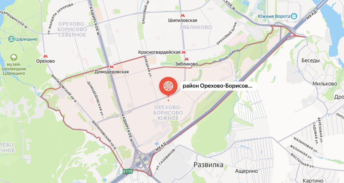 Современные границы района Орехово-Борисово Южное. Яндекс.Карты.