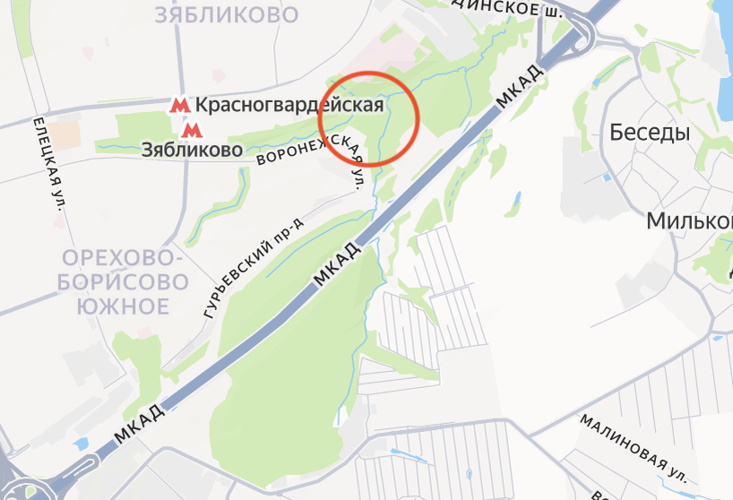 Примерное расположение деревни Зябликово на карте современной Москвы. Яндекс.Карты.