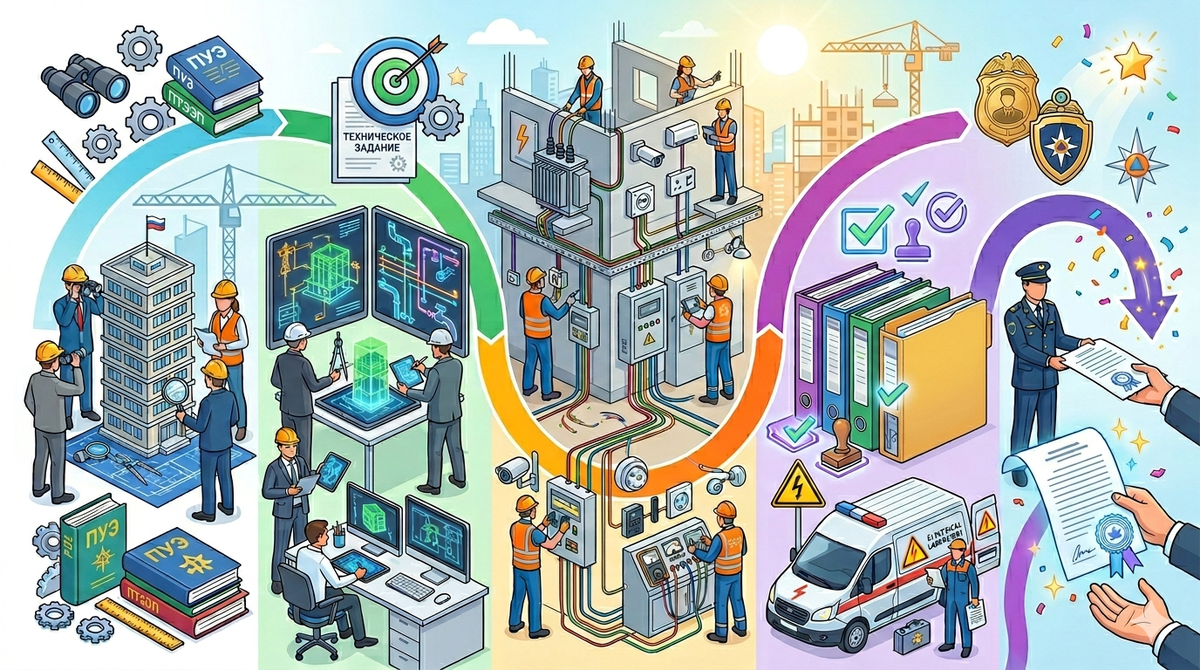 Этапы работы: От аудита и проекта до получения акта ввода в эксплуатацию