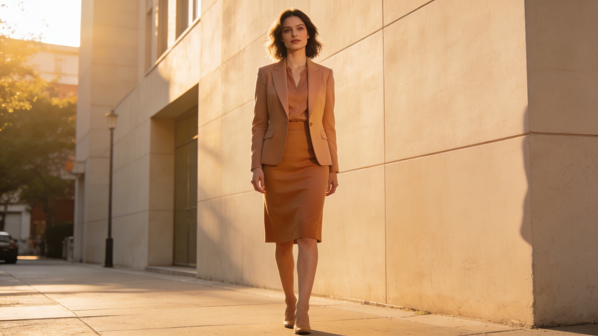 Принцип одной ткани: юбка и жакет из одного материала создают цельный силуэт без усилий