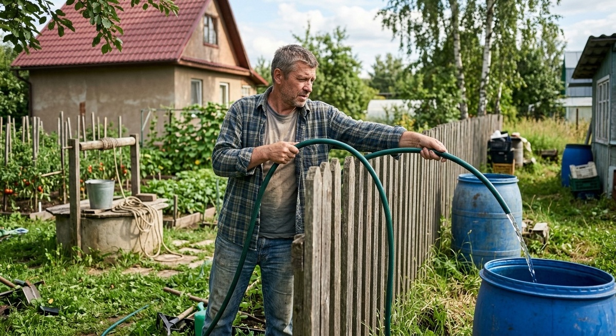 Дачник делится водой из скважины с соседями через забор, что может привести к штрафу за незаконную добычу недр.