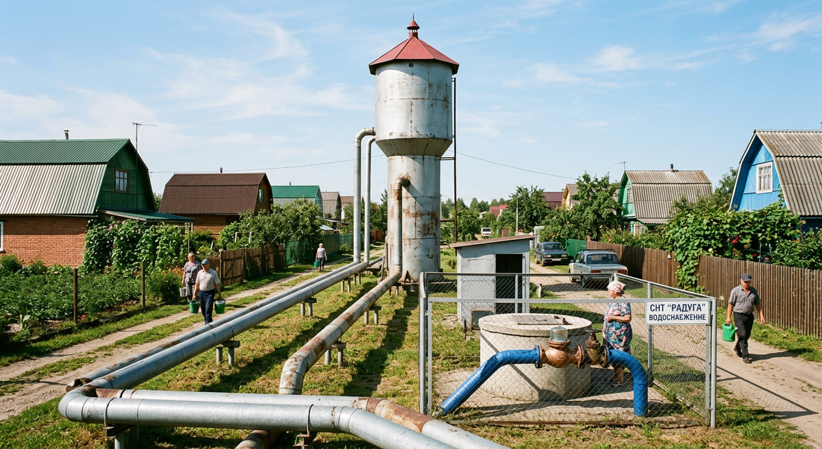 Общая скважина и водонапорная башня в садовом товариществе (СНТ), требующая лицензии и счетчика для избежания миллионовных штрафов.
