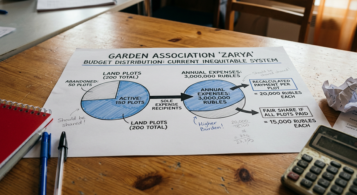 Иллюстрация распределения расходов в СНТ: диаграмма, показывающая, как взносы ложатся на добросовестных садоводов из-за неплательщиков