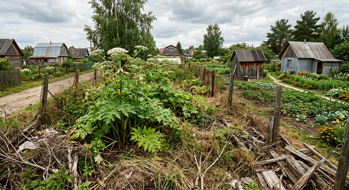 Заброшенный дачный участок, заросший борщевиком и сорняками, символизирующий проблему неиспользуемых земель в СНТ
