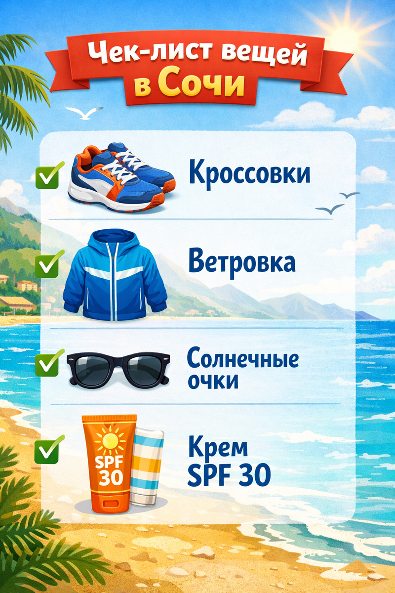 Чек-лист вещей в Сочи: кроссовки, ветровка, очки, крем SPF30