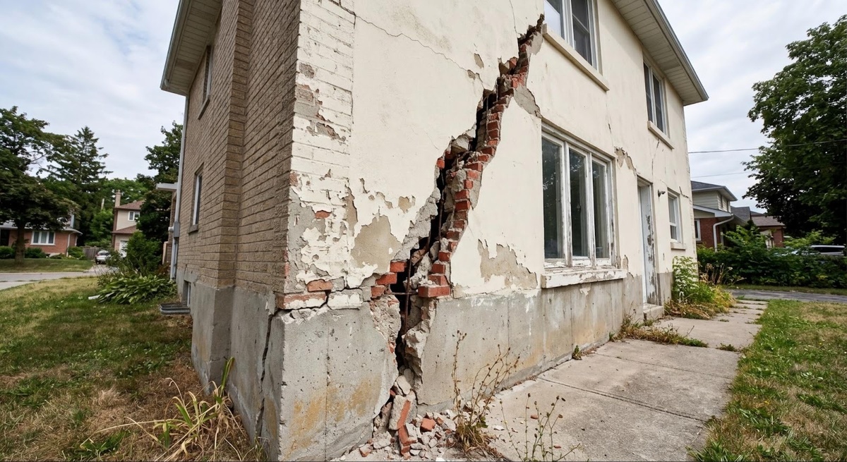 Вертикальная трещина в цоколе и стене дома, вызванная слабой армировкой фундамента.