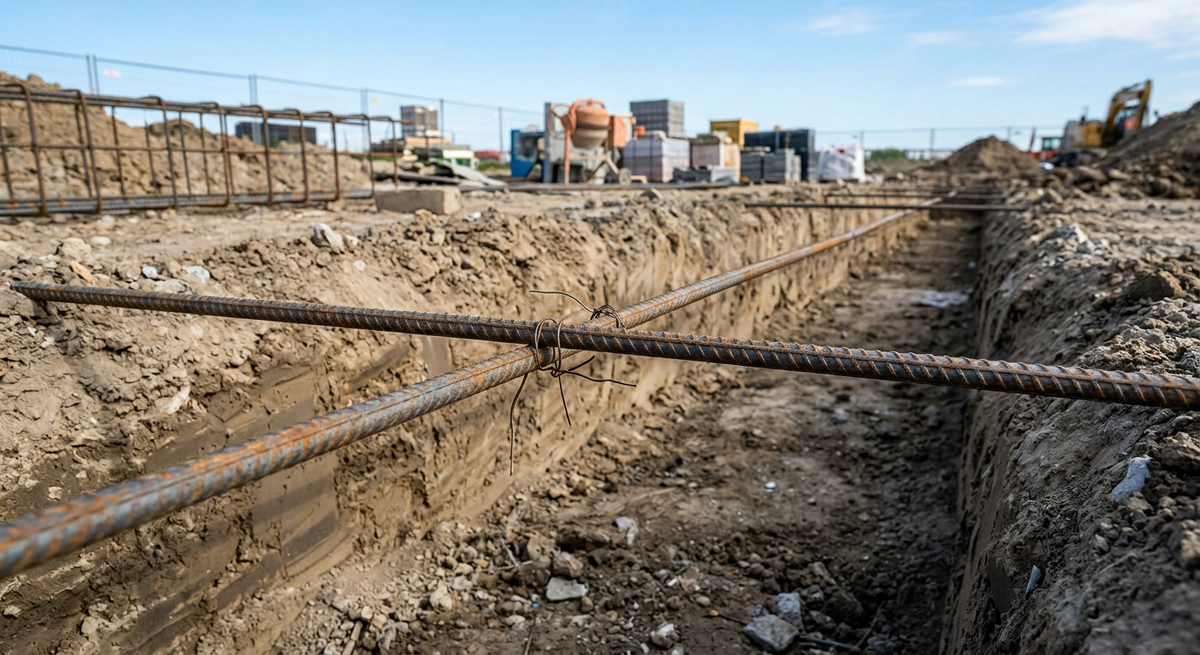 Неправильная крест-накрест перевязка арматуры в углу фундамента, создающая слабый шарнир.