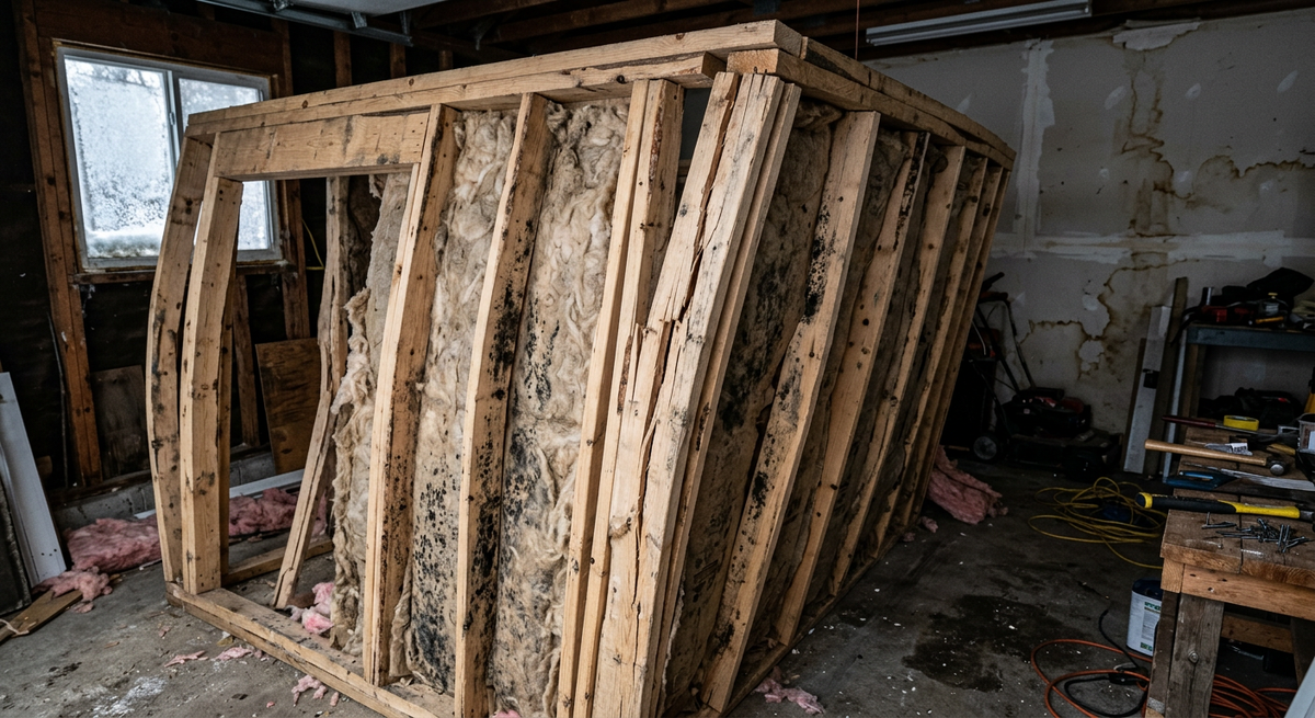 Деформированный деревянный каркас с трещинами и плесенью из-за усыхания бруса.