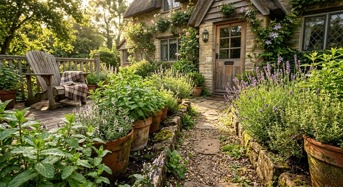 Уютный пряный сад у крыльца дома с пушистыми кустиками мяты, чабреца и лаванды, наполненный ароматом в вечернем свете.