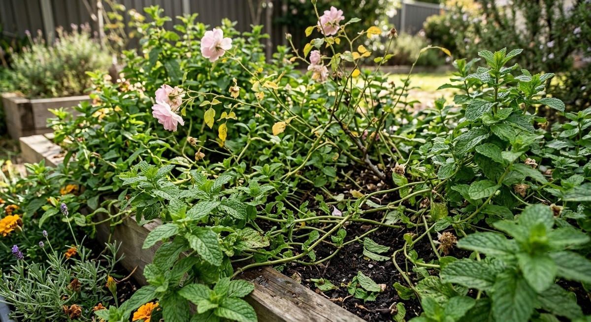 Разросшаяся мята, захватывающая клумбу и душит другие растения, типичная ошибка в садоводстве.