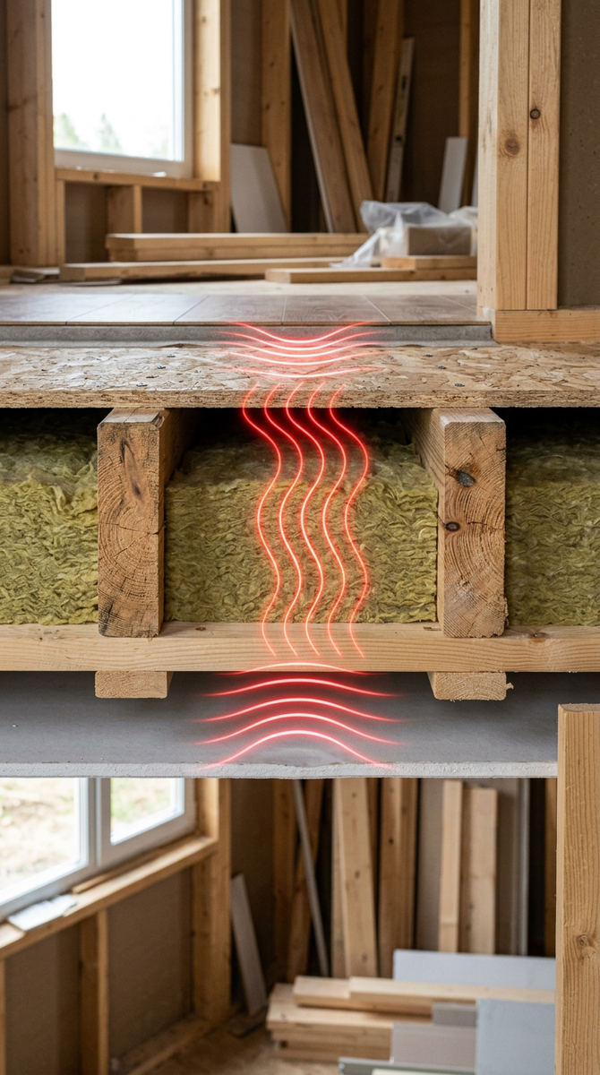 Разрез стандартного межэтажного перекрытия в каркасном доме: балки, утеплитель, фанера сверху и гипсокартон снизу, с иллюстрацией передачи ударного шума.
