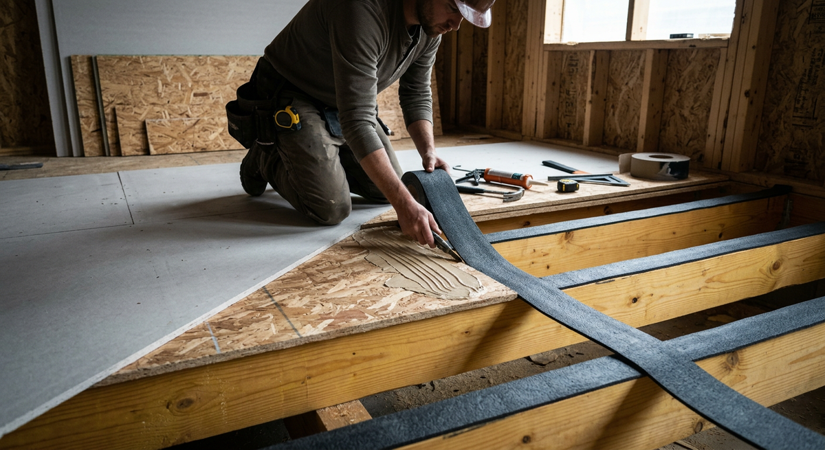 Укладка виброизоляционной ленты на лаги, затем слои ОСП и ГВЛ для эффективной шумоизоляции пола в деревянном доме.