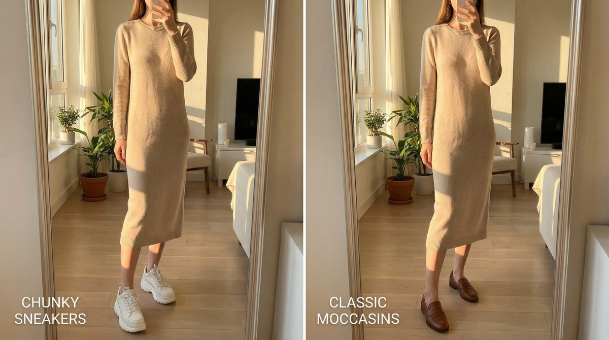 Одно платье и две разные пары обуви. Пропорции меняются сильнее, чем кажется