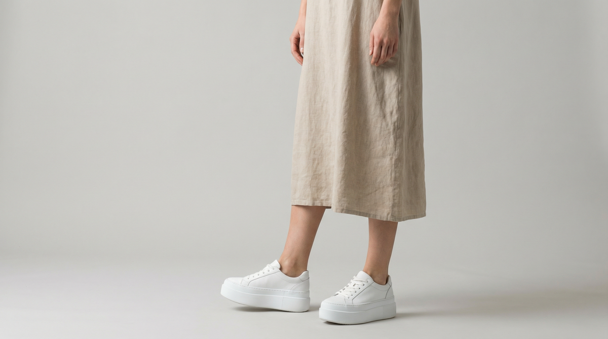 Массивная подошва создаёт тяжёлую точку внизу и визуально «режет» линию ноги