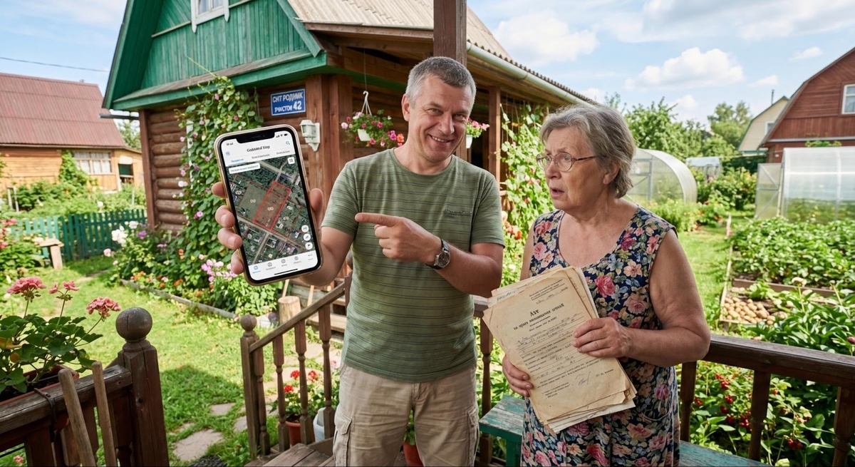 Сосед показывает на смартфоне кадастровую карту, где границы участка смещены, вызывая конфликт с владельцем дачи.