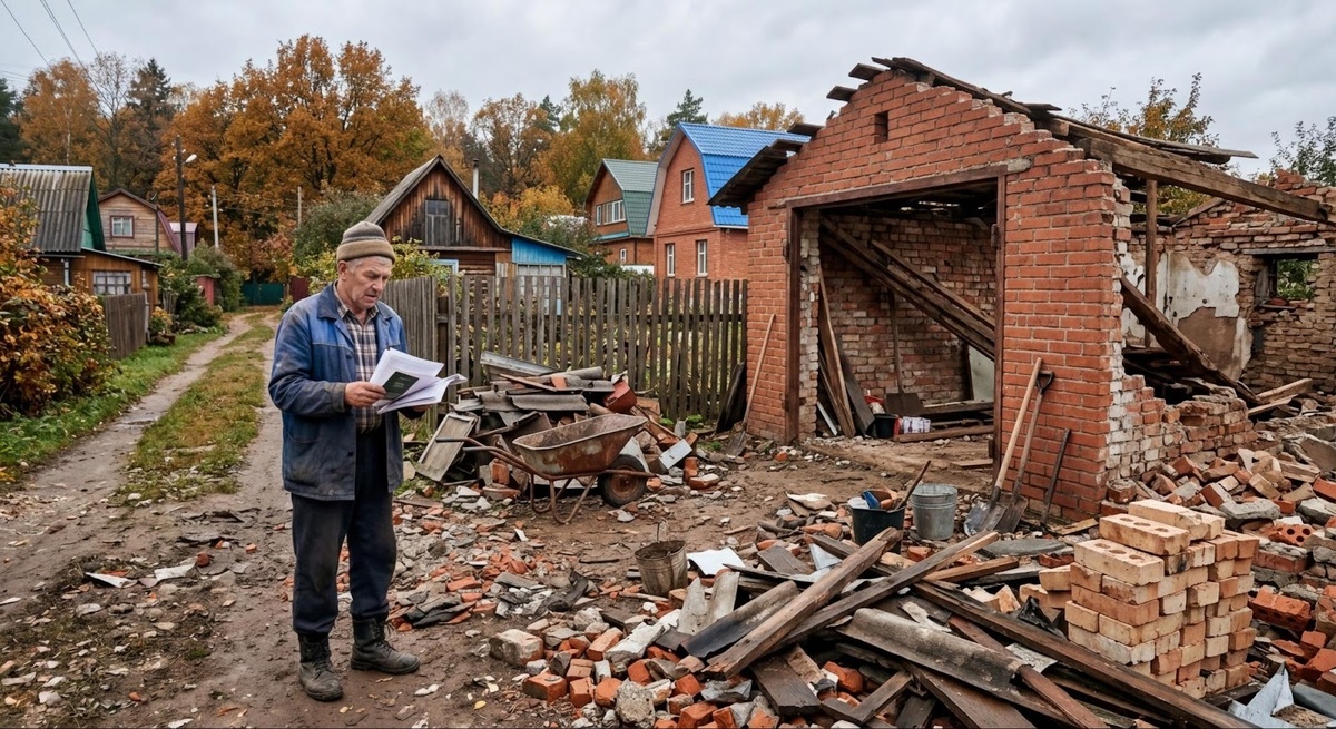 Разрушенный кирпичный гараж на дачном участке, который пришлось снести из-за ошибки в границах земли по новым кадастроным данным.