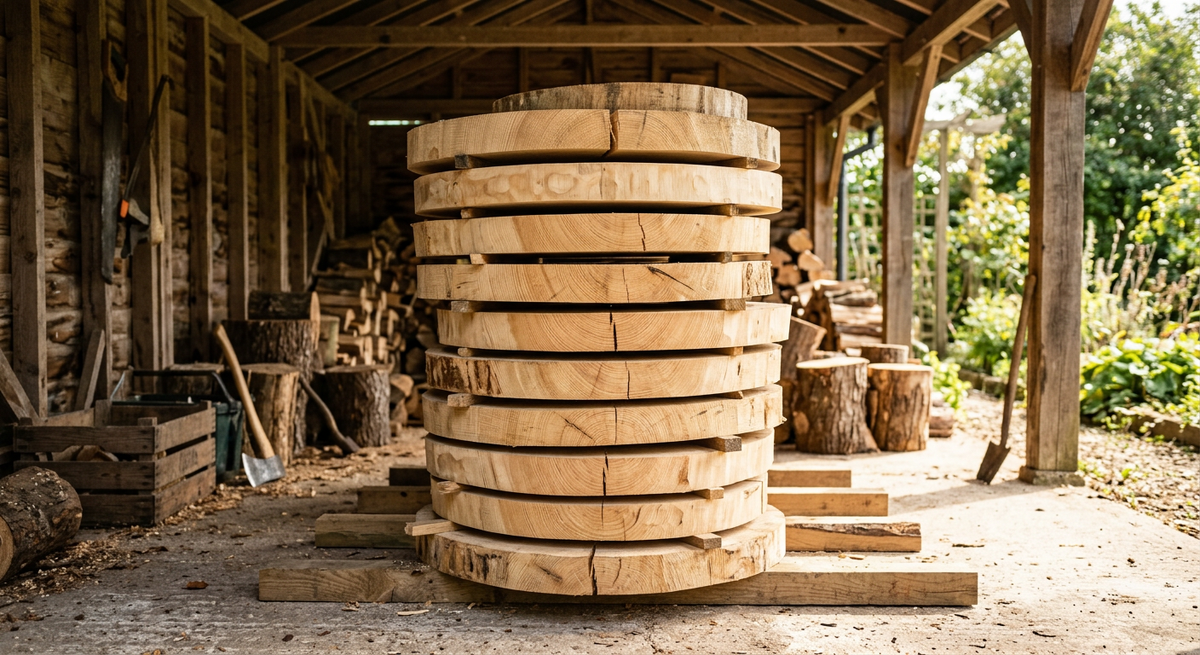 Деревянные спилы дерева, очищенные от коры и сушащиеся в проветриваемом сарае.