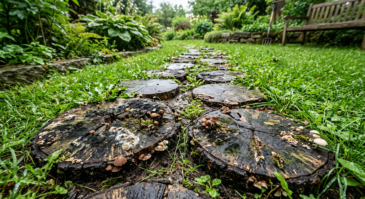 Гниющая деревянная садовая дорожка из спилов, покрытая плесенью и грибами после сезона дождей.