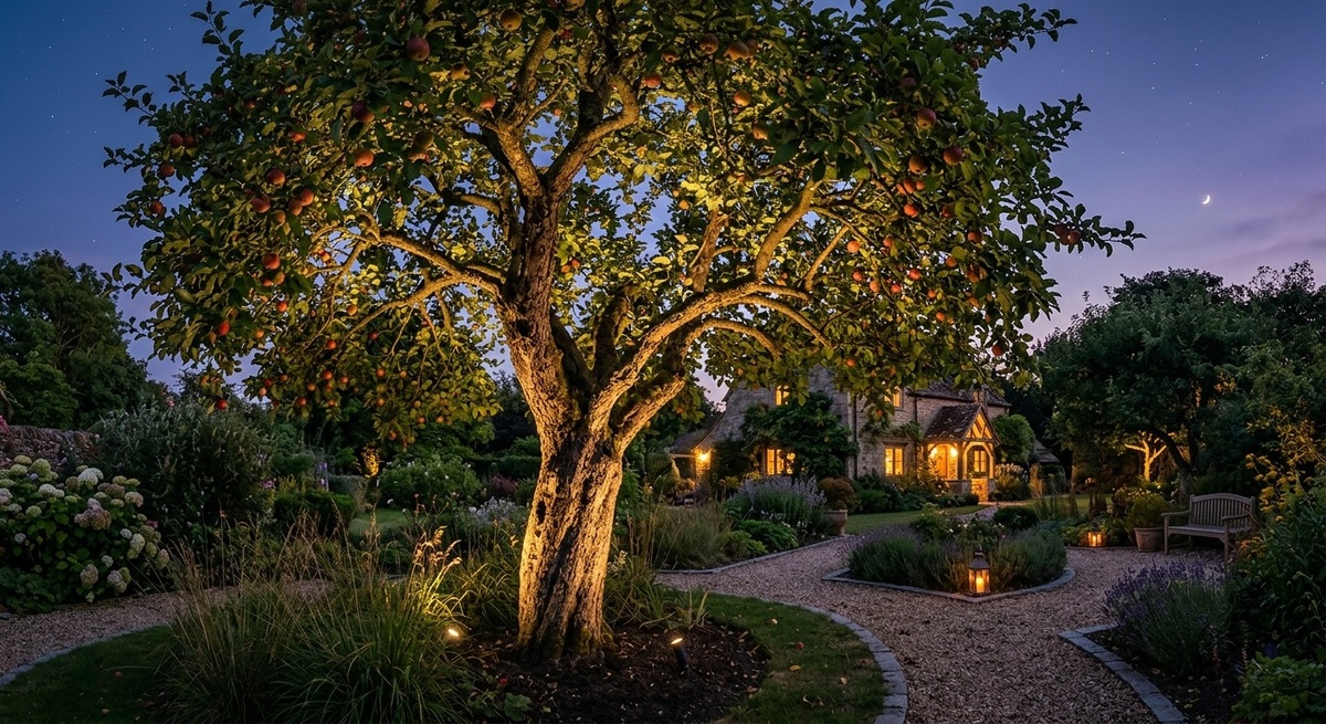 Вечерний сад с волшебной подсветкой яблони теплым светом, создающей сказочную атмосферу.