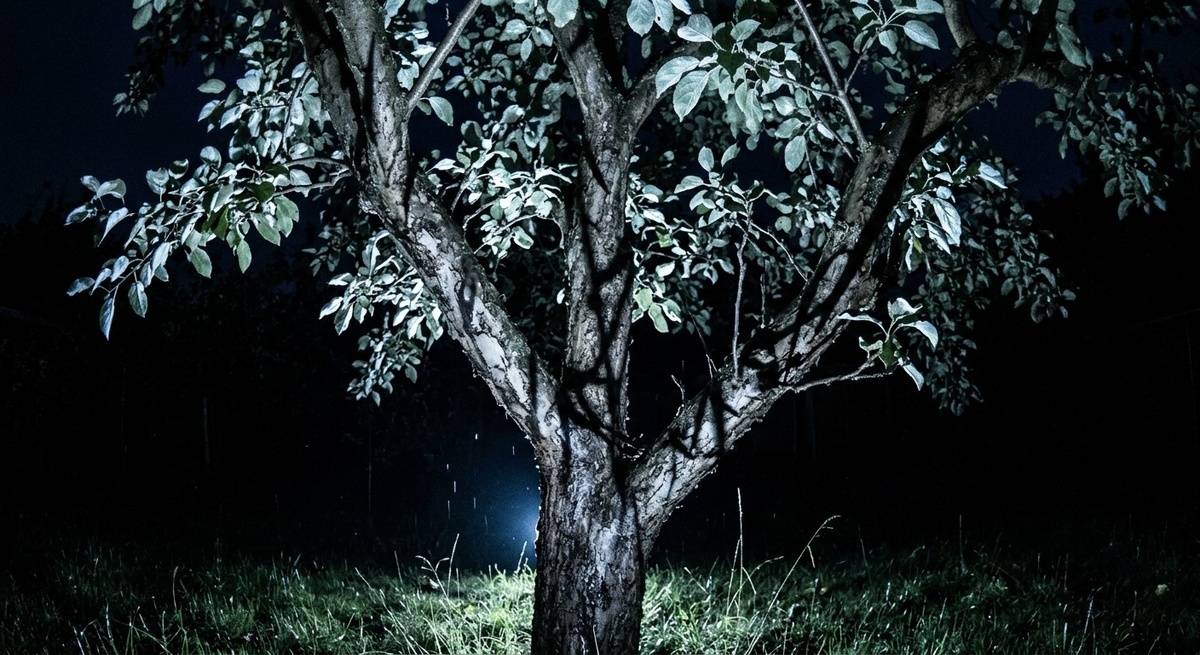 Неудачный пример подсветки яблони холодным синим светом, делающим дерево зловещим.