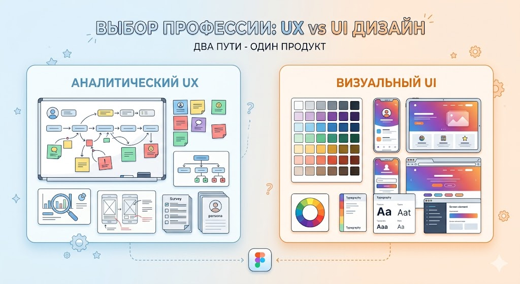 Выбор профессии: Аналитический UX (схемы, исследования, флоу) всус Визуальный UI (цвета, шрифты, компоненты) — два пути, один продукт