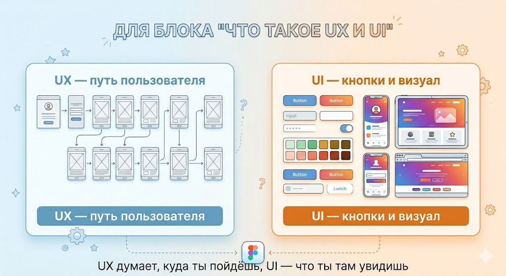 UX — путь пользователя (вайрфреймы, сценарии), UI — кнопки и визуал (интерфейс). UX думает, куда пойдёшь, UI — что там увидишь