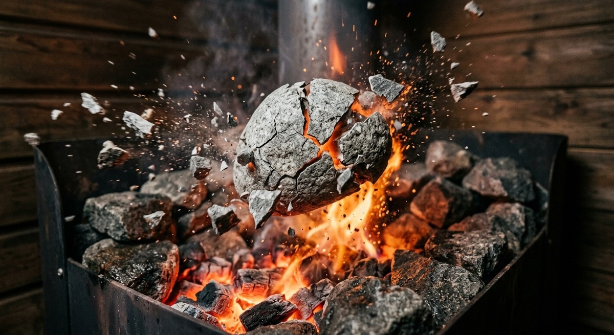 Разрывающийся речной камень в раскаленной каменке бани