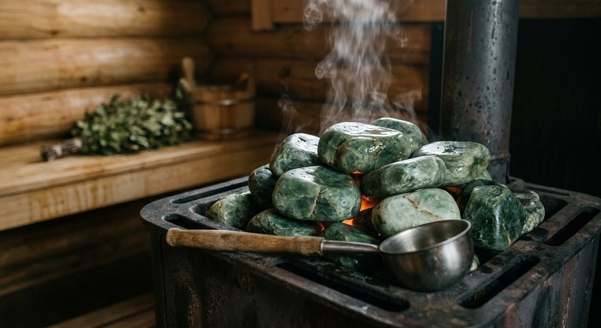 Зеленый жадеит в каменке бани, нагретый и готовый к поддаче пара, показывающий его прочность и качество