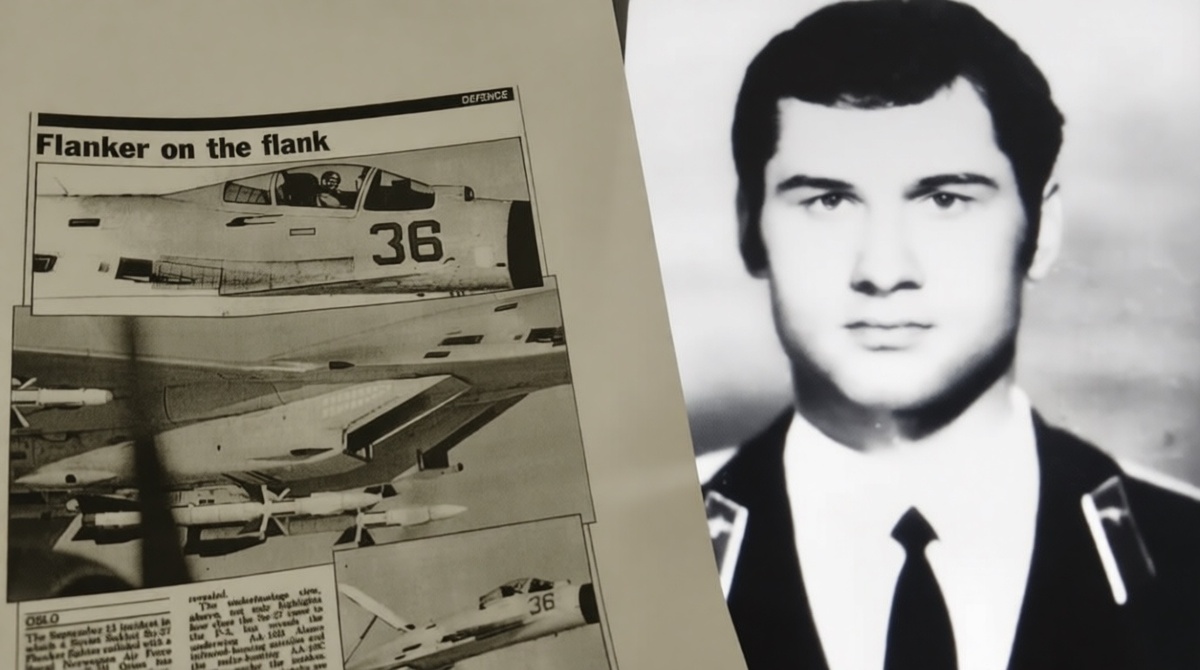 Василий Цымбал. Вырезка из журнала "Flight International", 1987 года и портрет летчика